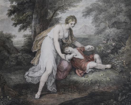 After Angelica Kauffman, pair of coloured engravings, Virgil and Horace, overall 16 x 19in., unframed